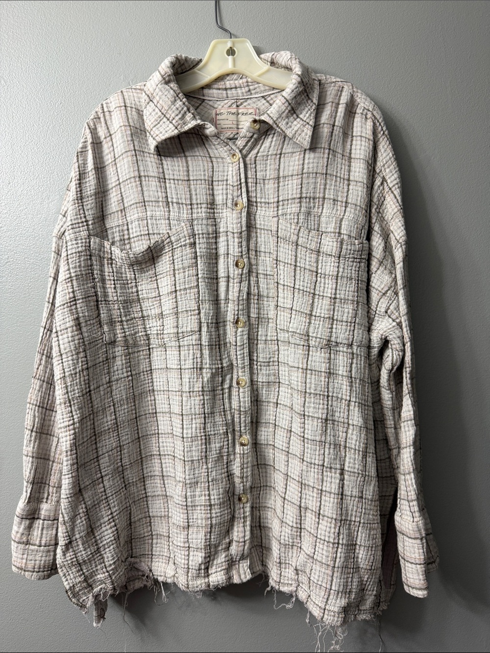Free People "We The Free" Cardiff Plaid Tunic plaid gauze button down Top Large - Picture 6 of 9